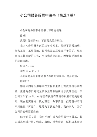 小公司财务辞职申请书