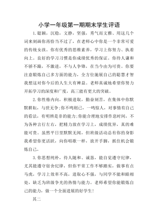 小学一年级第一期期末学生评语