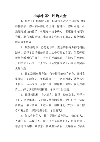 小学中等生评语大全