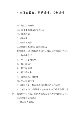 小学体育教案：熟悉球性、控制球性