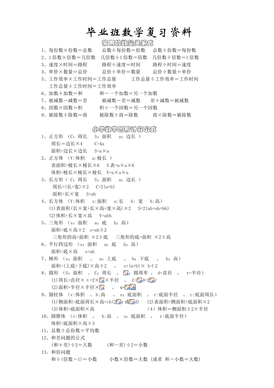 小学六年级毕业班数学知识点复习资料_第1页