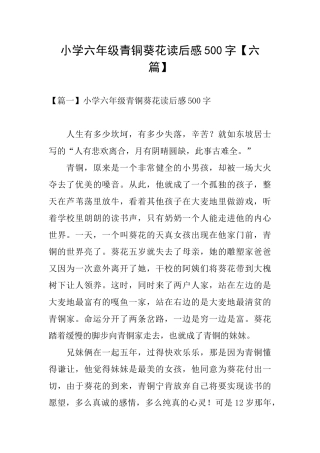 小学六年级青铜葵花读后感500字