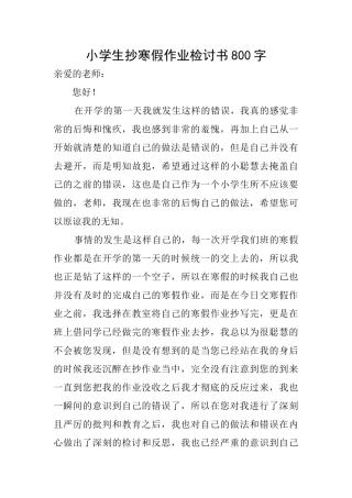 小学生抄寒假作业检讨书800字
