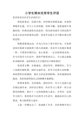 小学生期末优秀学生评语
