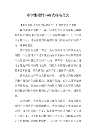 小学生检讨书格式标准范文