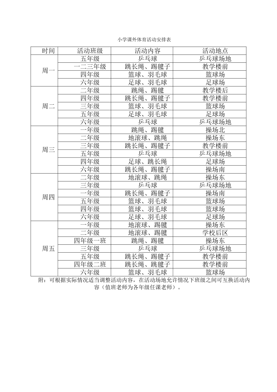 小学课外体育活动安排表_第1页