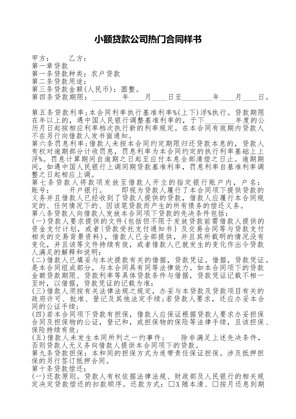 小额贷款公司热门合同样书_第1页