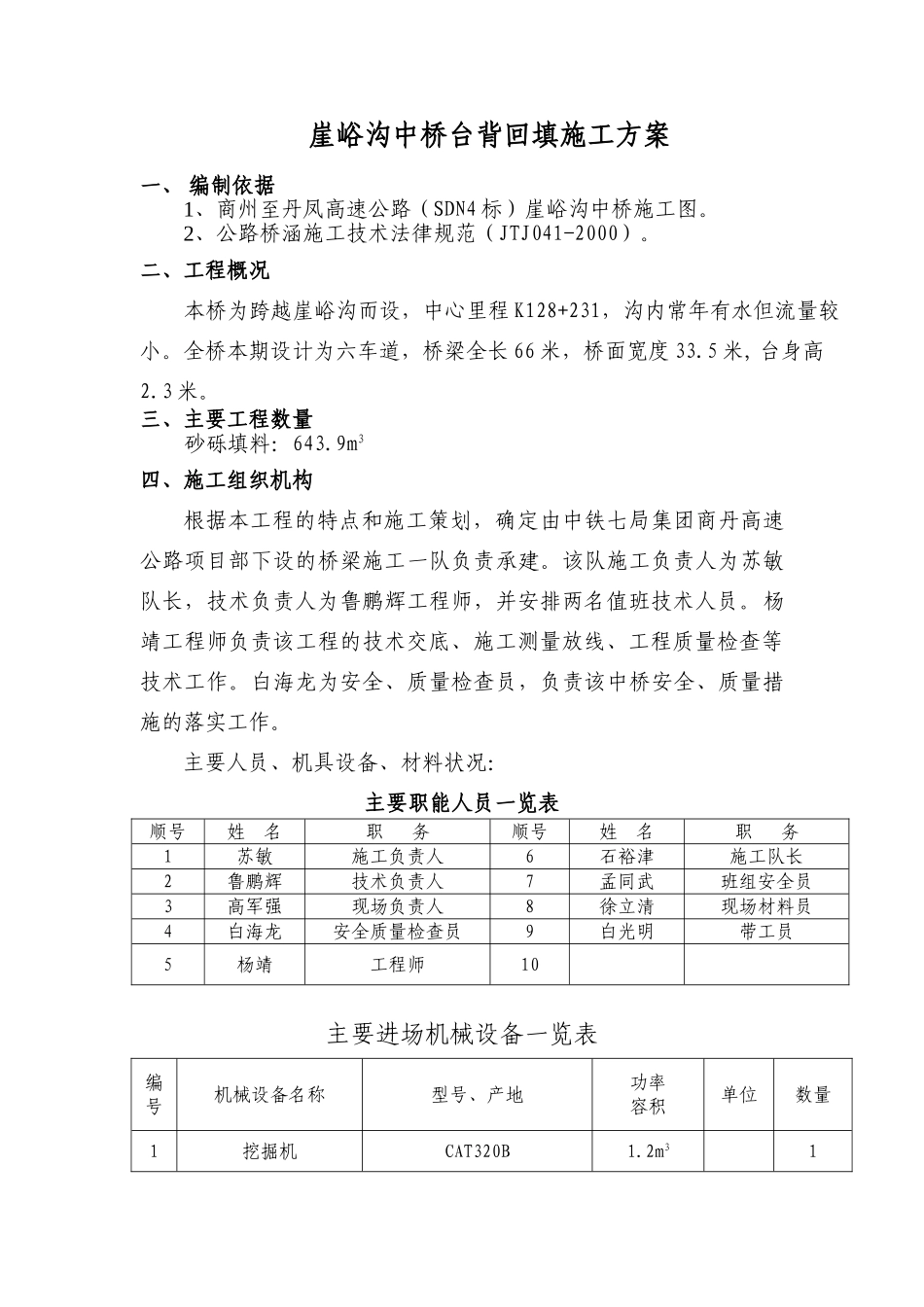 崖峪沟中桥台背回填施工方案_第1页