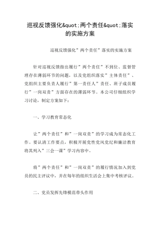 巡视反馈强化&quot;两个责任&quot;落实的实施方案