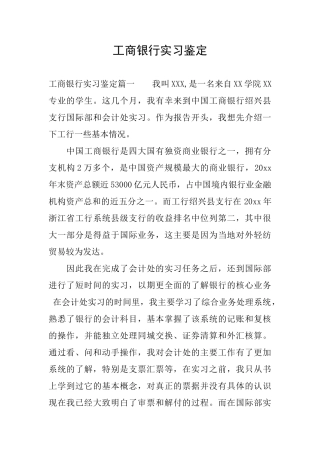 工商银行实习鉴定