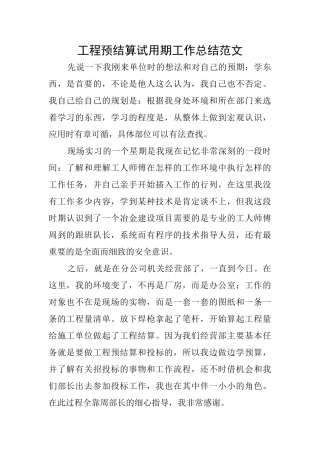 工程预结算试用期工作总结范文