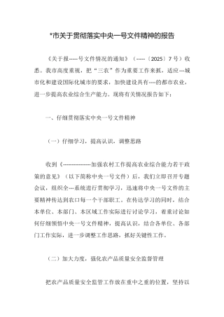 市关于贯彻落实中央一号文件精神的报告