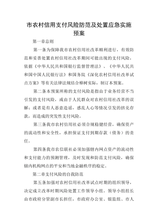 市农村信用支付风险防范及处置应急实施预案