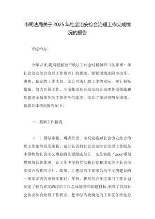 市司法局关于2025年社会治安综合治理工作完成情况的报告