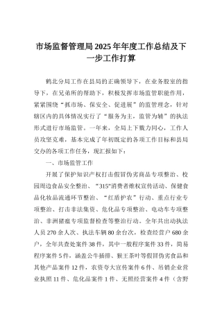 市场监督管理局2025年年度工作总结及下一步工作打算