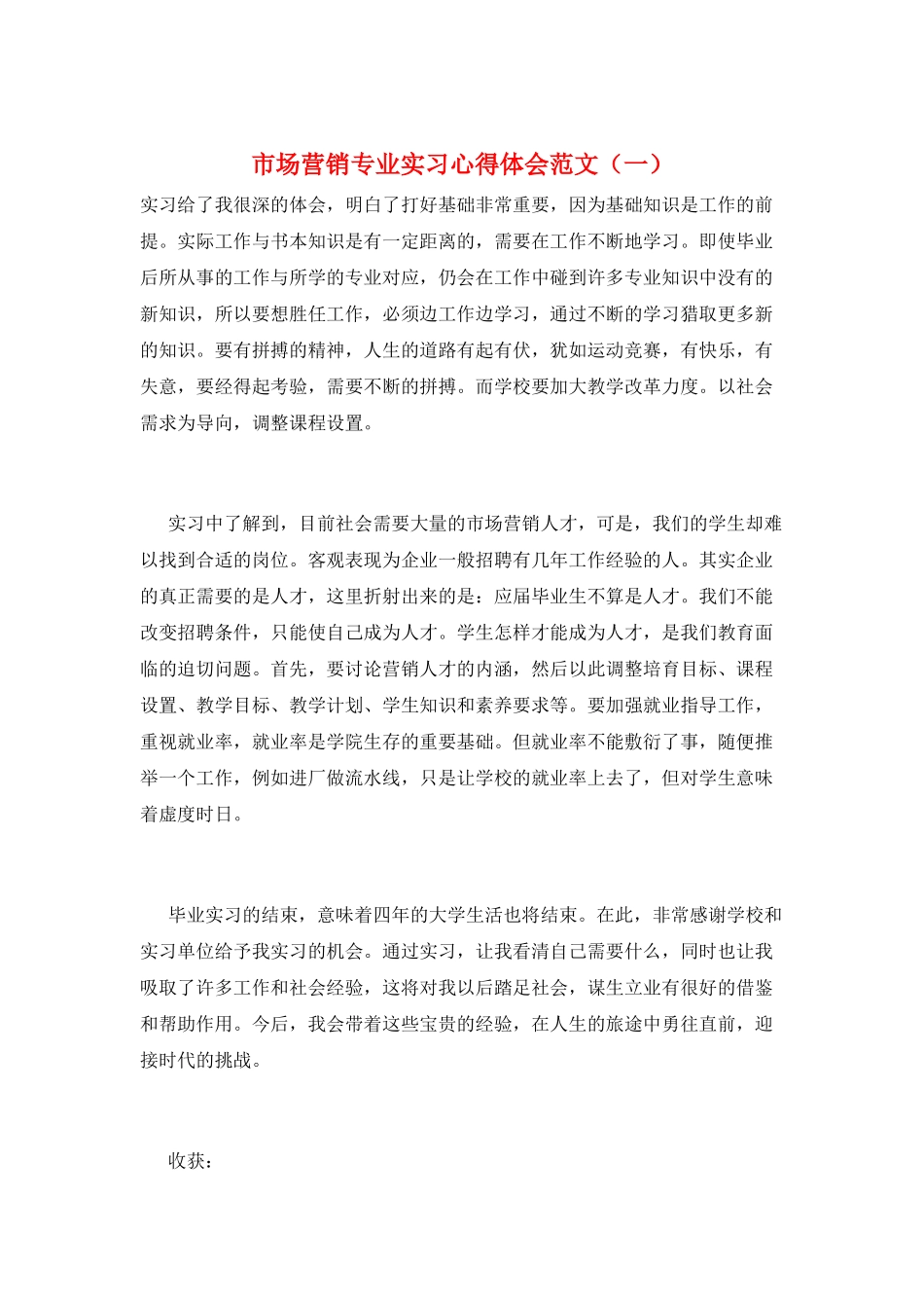 市场营销专业实习心得体会范文(一)_第1页