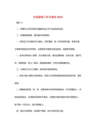 市场营销工作计划表2025