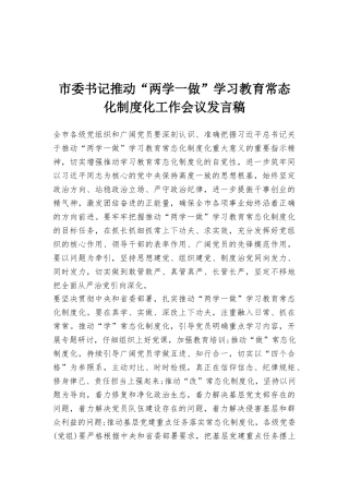 市委书记推进“两学一做”学习教育常态化制度化工作会议发言稿