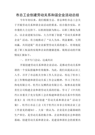 市总工会创建劳动关系和谐企业活动总结
