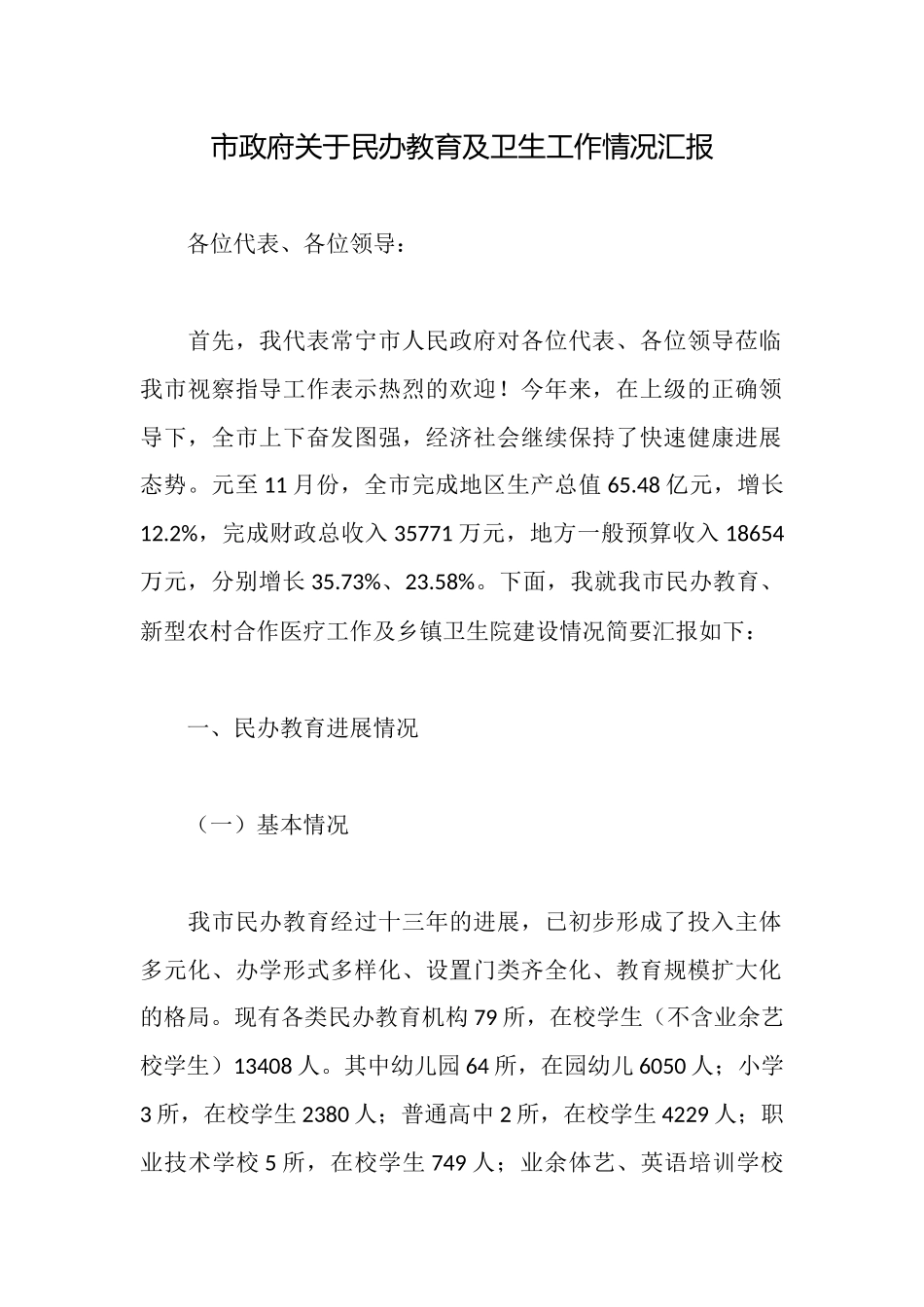 市政府关于民办教育及卫生工作情况汇报_第1页