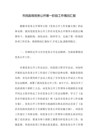 市民政局党务公开第一阶段工作情况汇报
