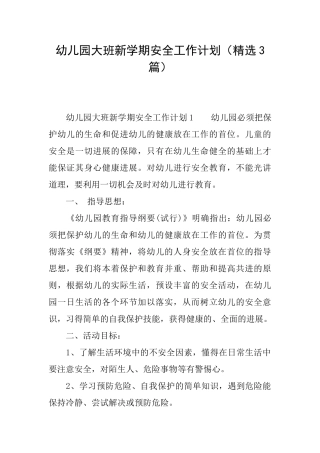 幼儿园大班新学期安全工作计划