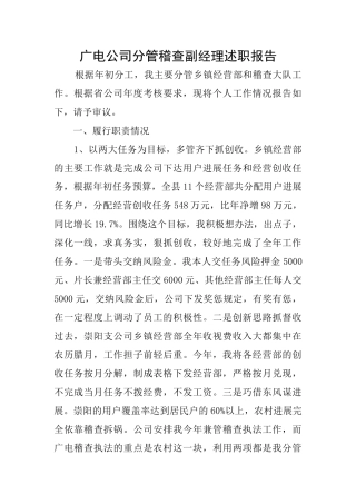 广电公司分管稽查副经理述职报告