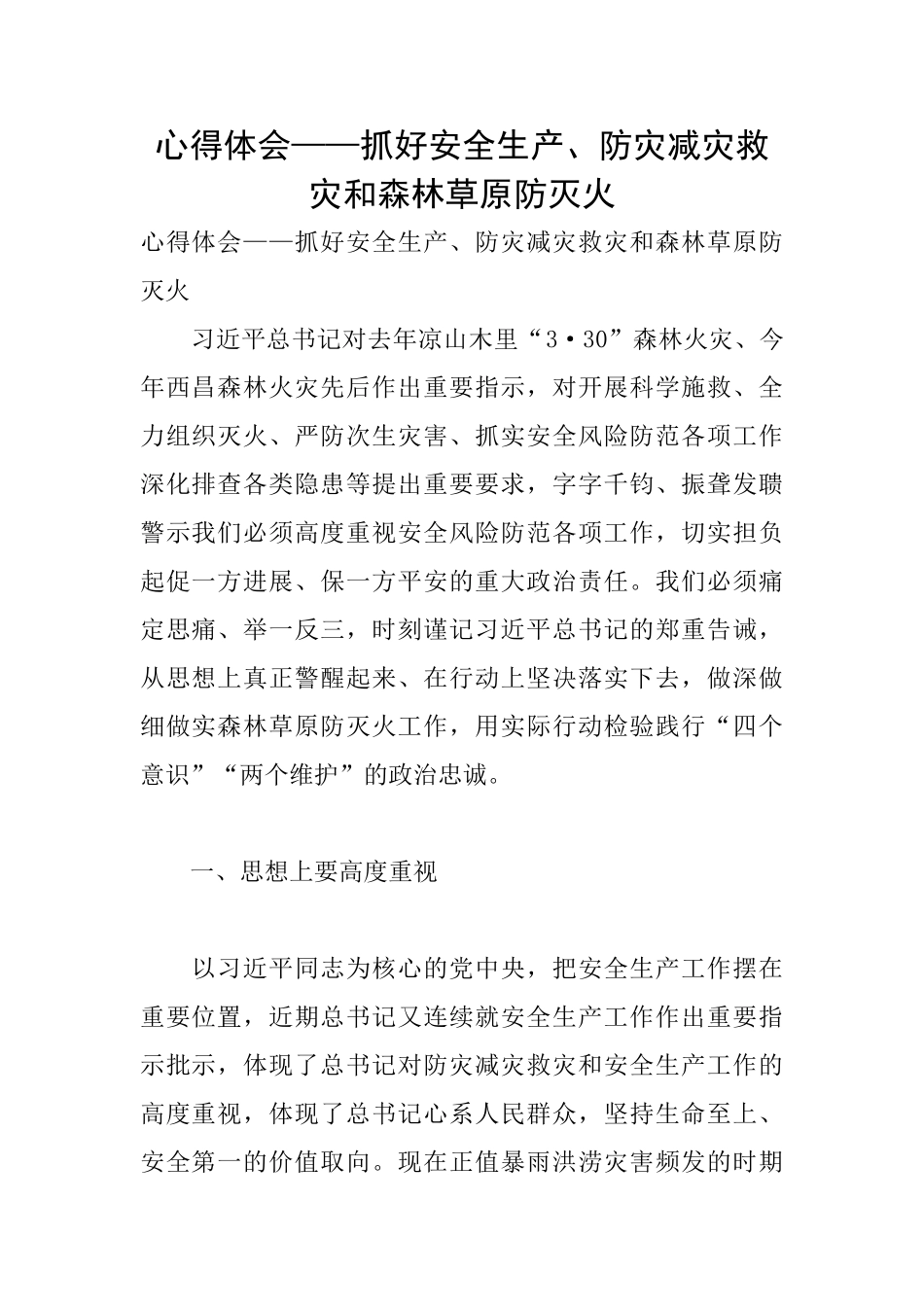 心得体会——抓好安全生产、防灾减灾救灾和森林草原防灭火_第1页