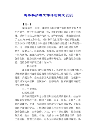 急诊科护理工作计划例文2025