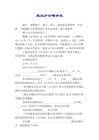 成立分公司决议