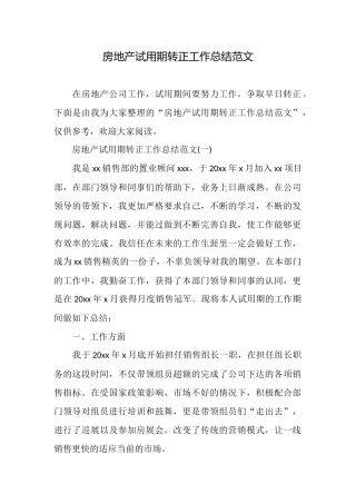 房地产试用期转正工作总结范文