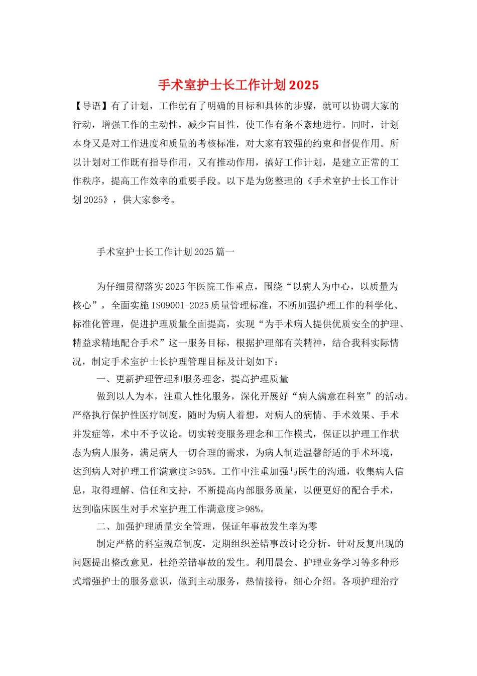 手术室护士长工作计划2025_第1页
