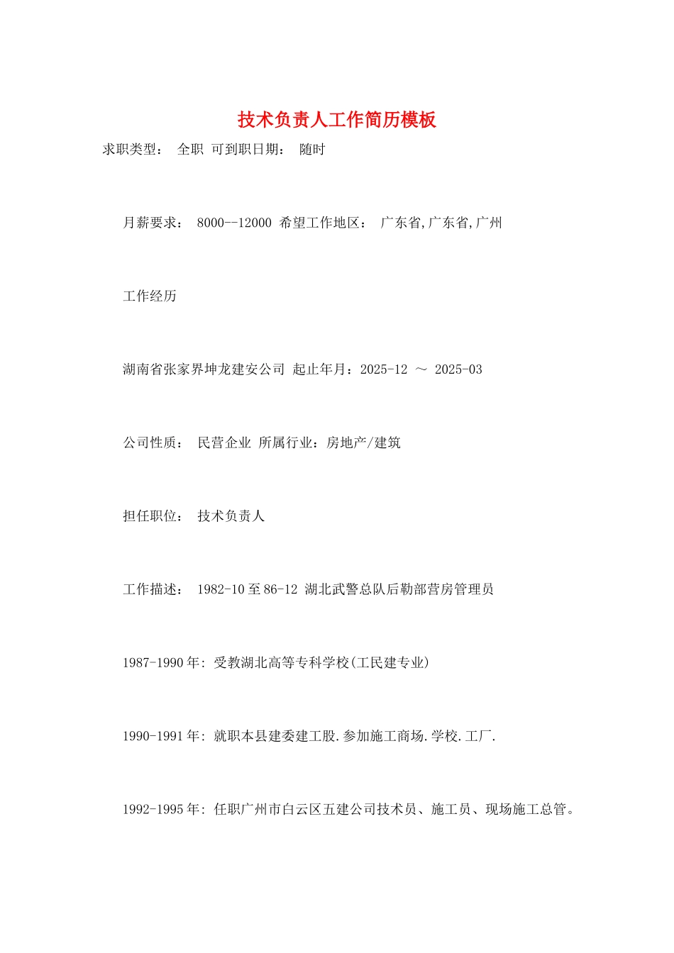 技术负责人工作简历模板_第1页