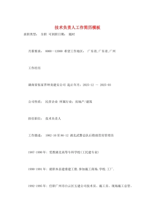 技术负责人工作简历模板