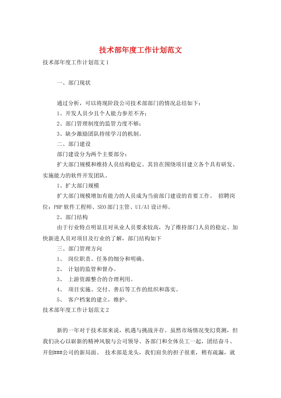 技术部年度工作计划范文_第1页