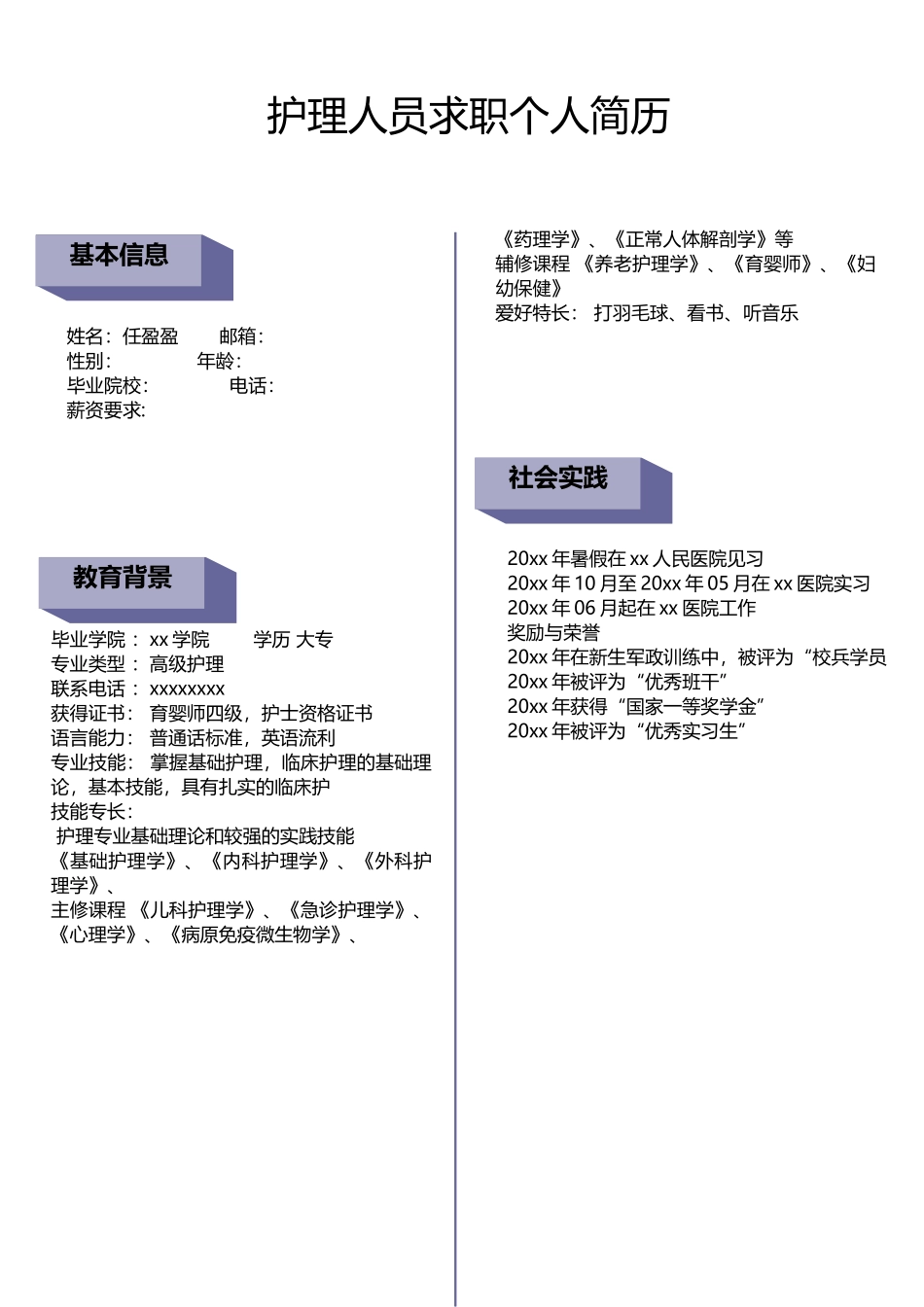 护理人员求职个人简历模板_第1页
