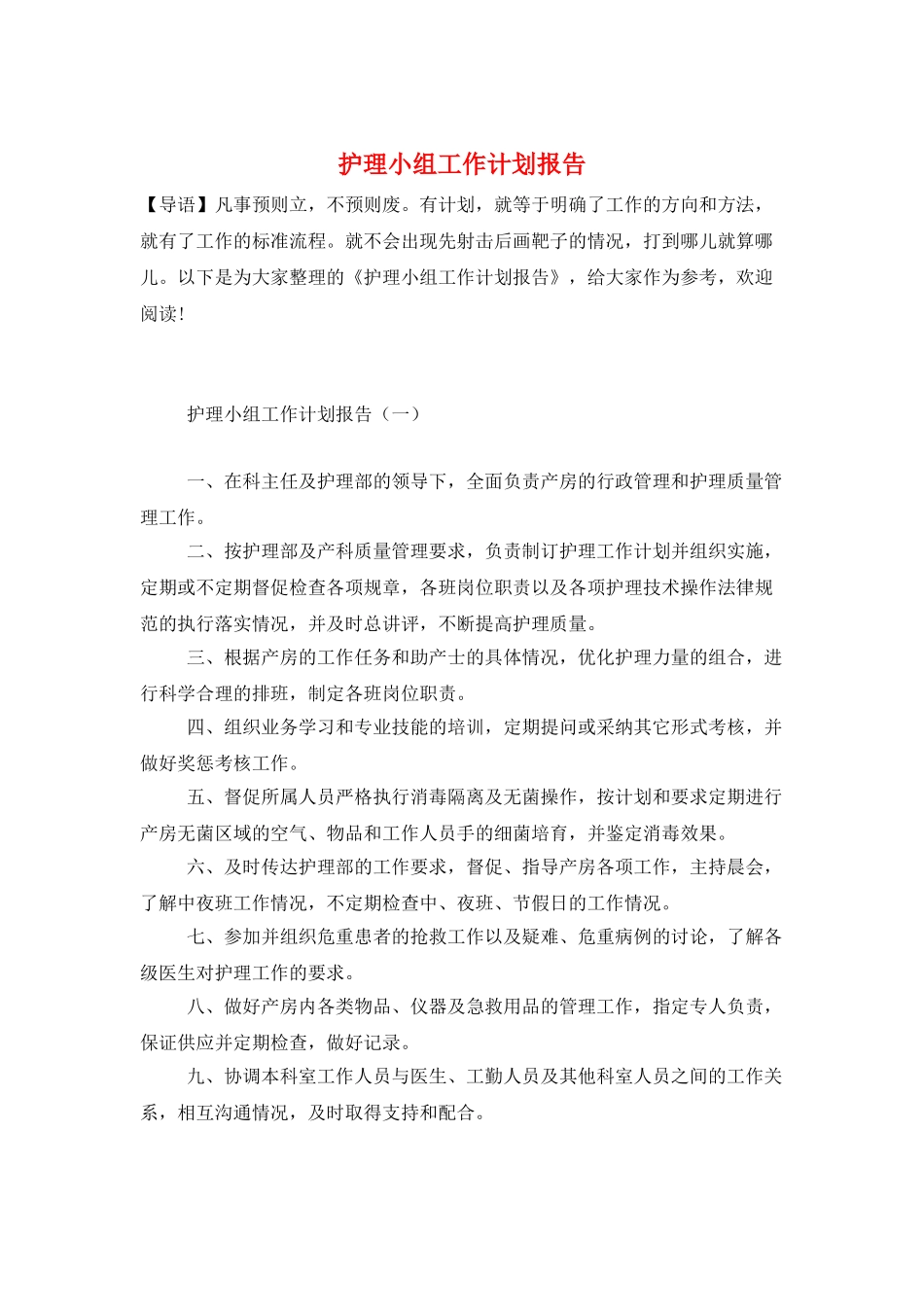 护理小组工作计划报告_第1页