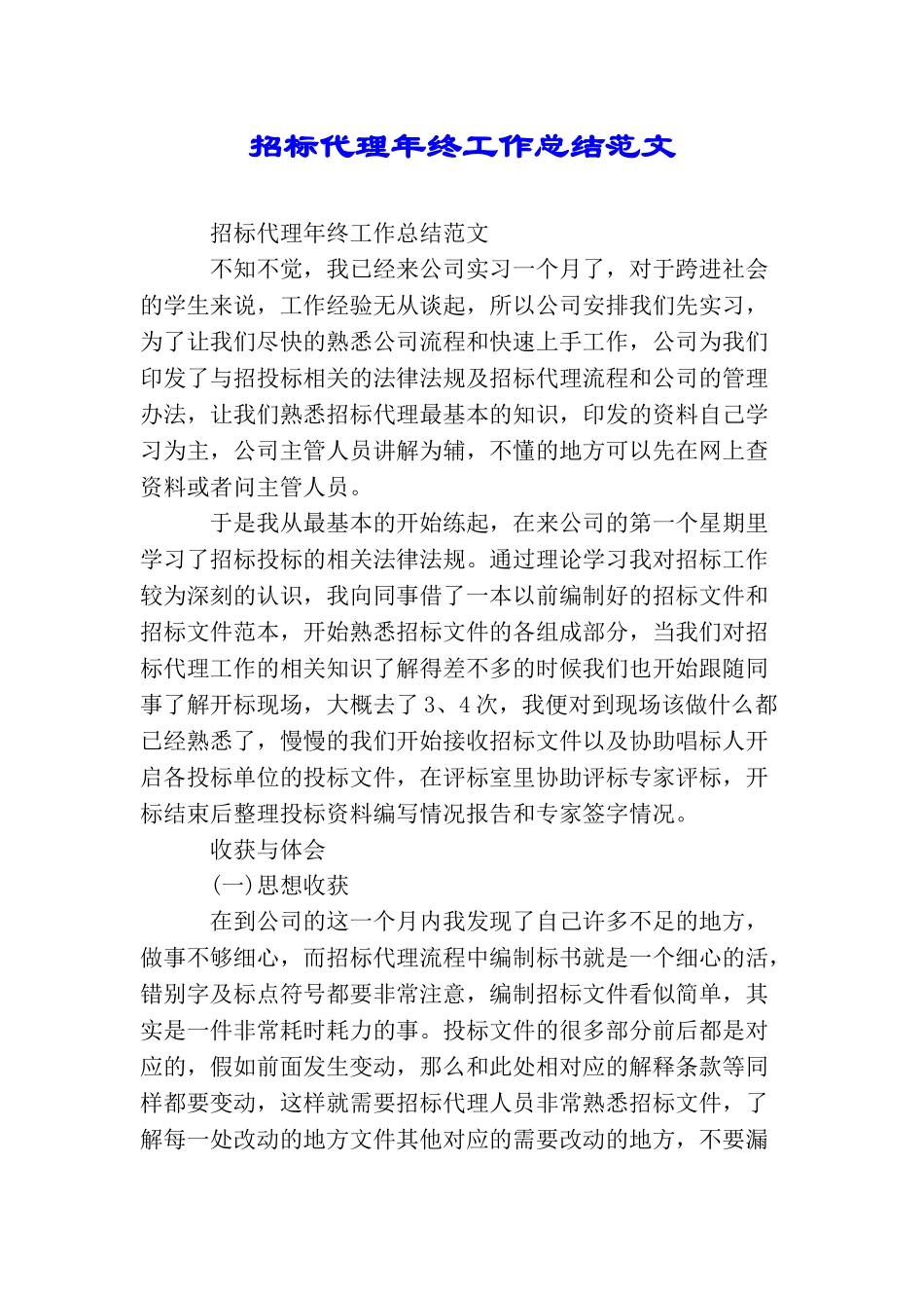 招标代理年终工作总结范文_第1页