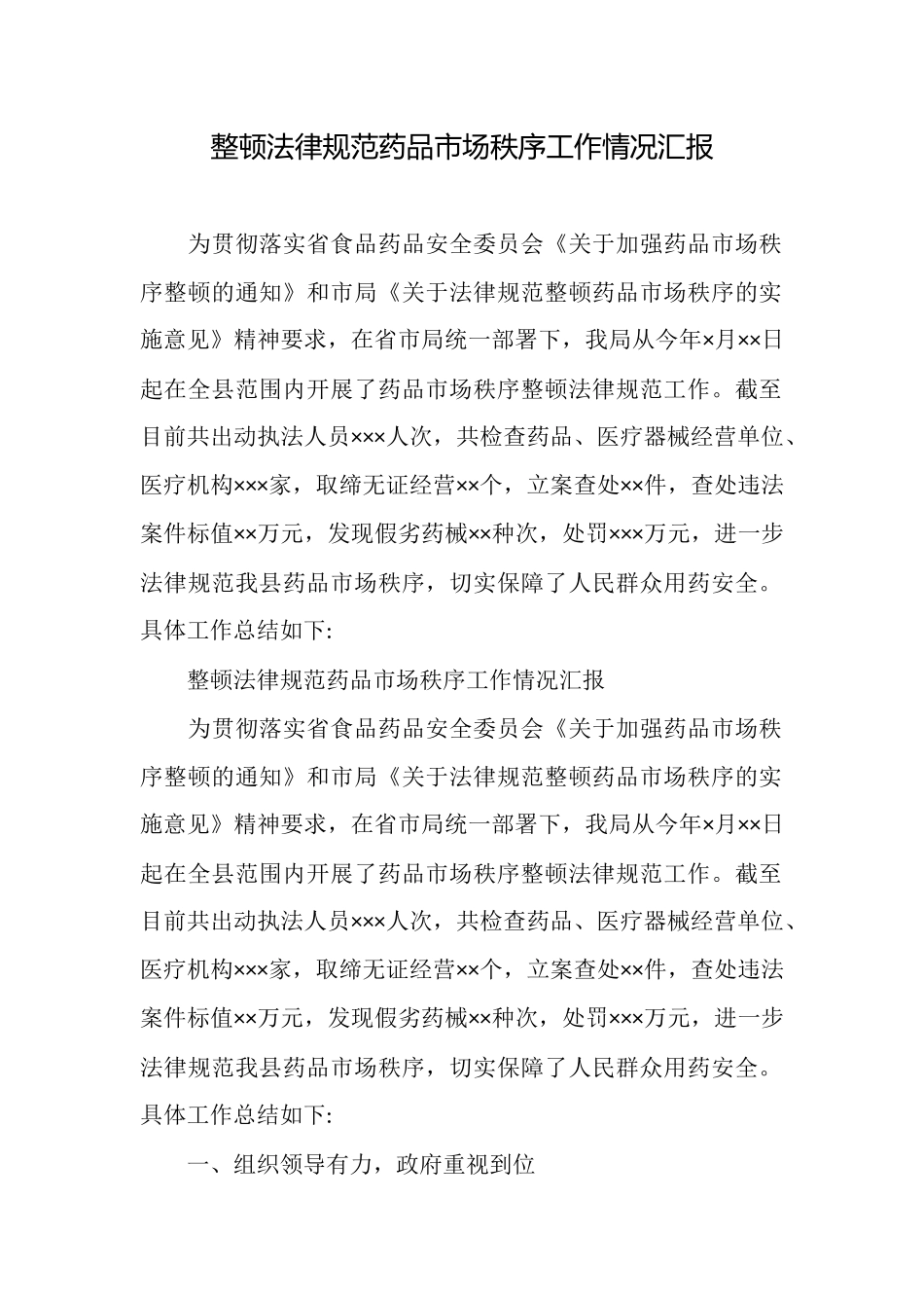 整顿规范药品市场秩序工作情况汇报_第1页