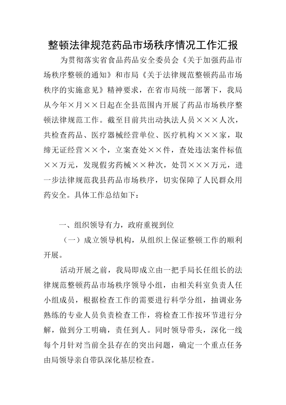 整顿规范药品市场秩序情况工作汇报_第1页