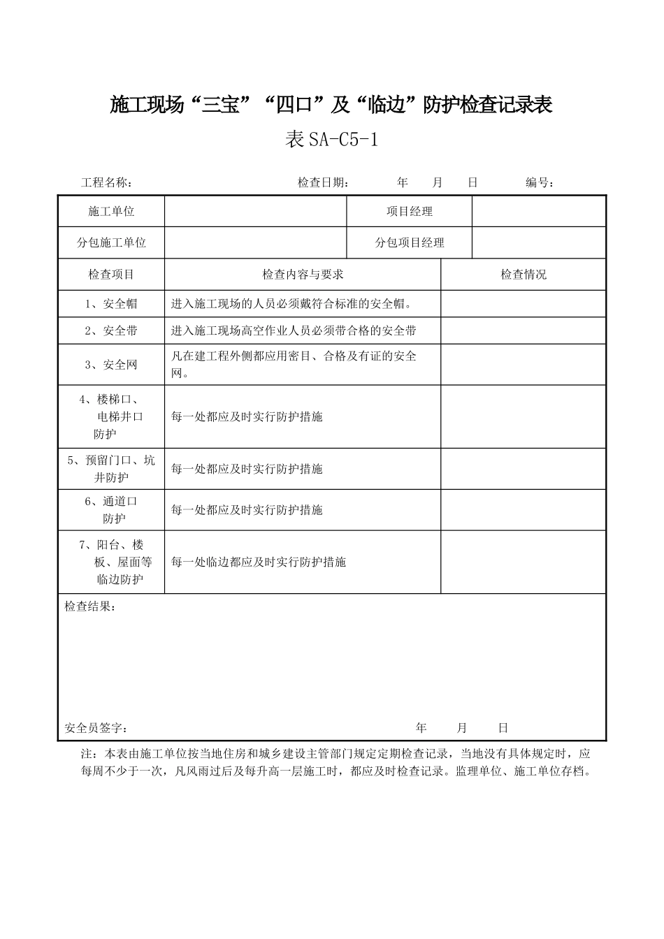 施工现场三宝四品五临边防护检查记录表_第1页