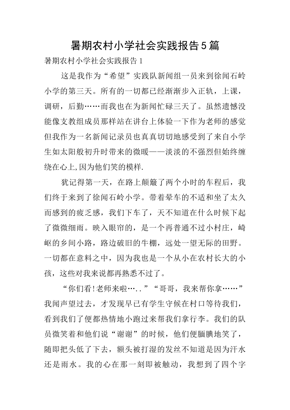暑期农村小学社会实践报告5篇_第1页