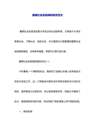 暑期社会实践调研报告范文