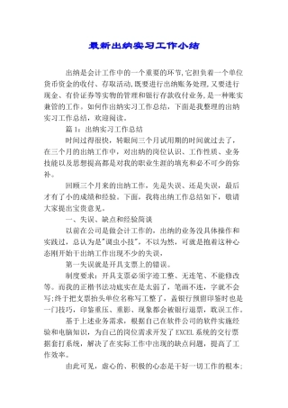 最新出纳实习工作小结
