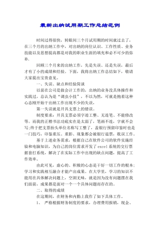 最新出纳试用期工作总结范例