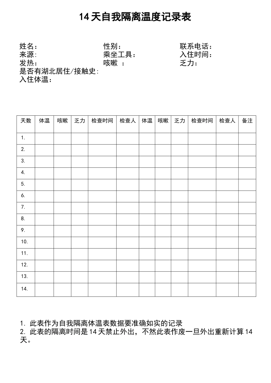 最新学生自我隔离体温记录表最新_第1页