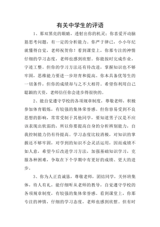 有关中学生的评语