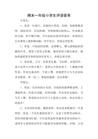 期末一年级小学生评语荟萃