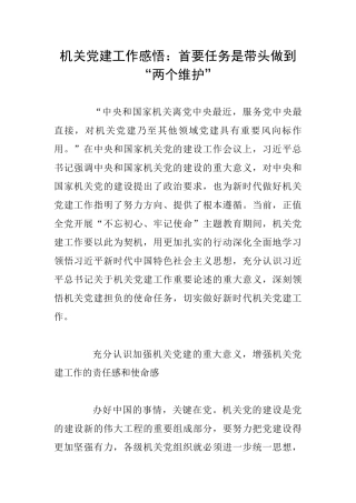 机关党建工作感悟：首要任务是带头做到“两个维护”