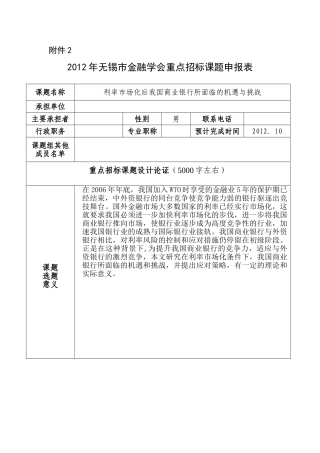 利率市场化后我国商业银行所面临的机遇与挑战 课题申报表